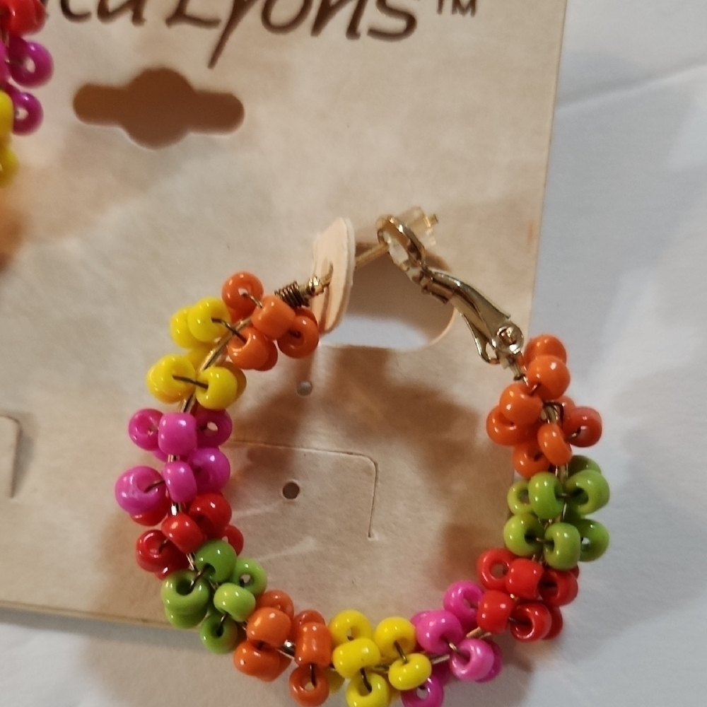 Erica Lyons Colorful Beaded Hoop Earrings Orange Lime Yellow Pierced Bright Drop - Picture 4 of 4